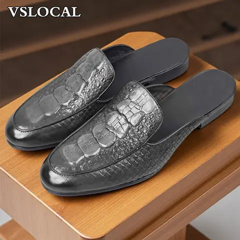Luxury Brand Men's Half Shoes Black Coffee CROCO Causal Mens Dress Summer Shoes Breathable Genuine Leather Shoes For Men