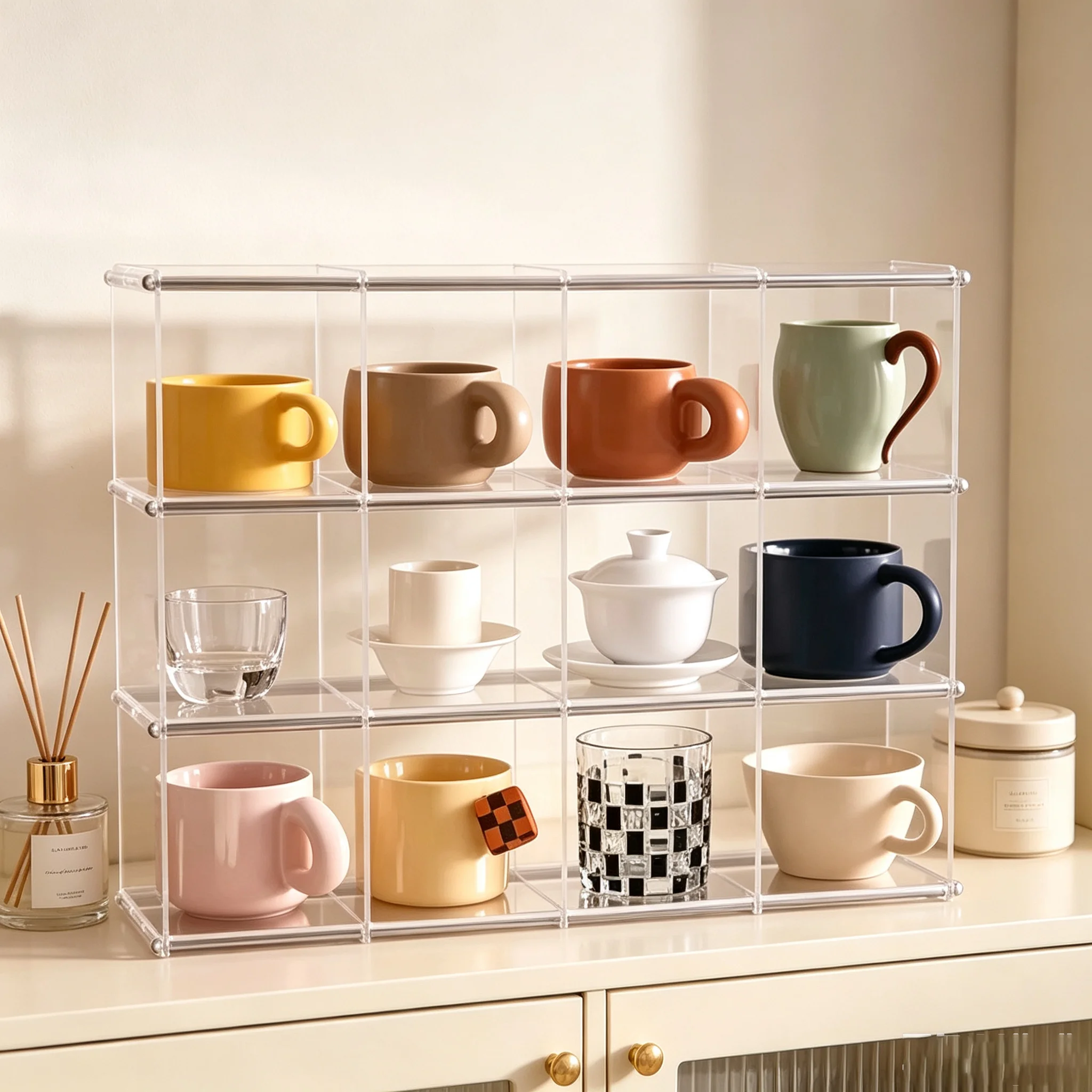 Acrylic Cup Organizer Storage Rack 4-12 Grids Display Shelf for Mugs Coffee & Tea Cups Kitchen Cabinet Countertop Organizer