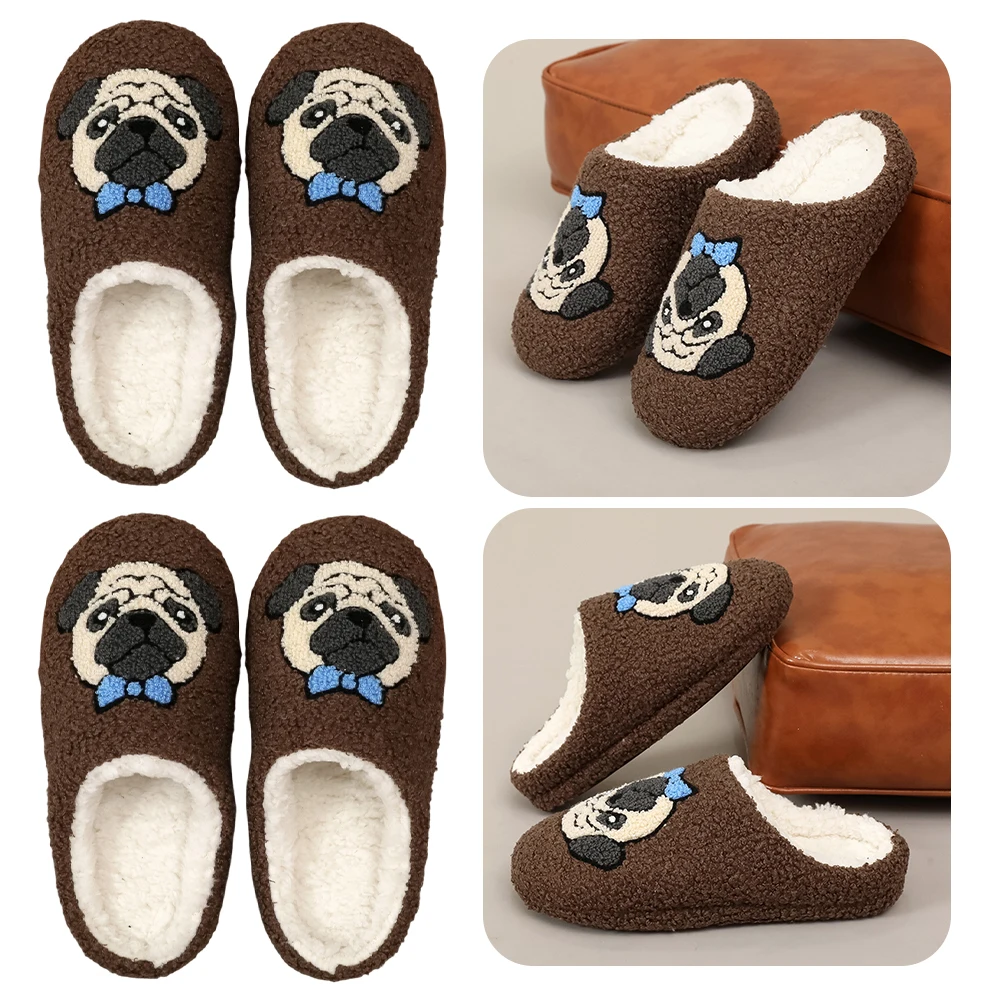 

Pug Pattern Flat Thermal Slippers Anti Slip Comfortable Furry Slippers Thick-Soled Soft Plush Slippers for Winter Autumn