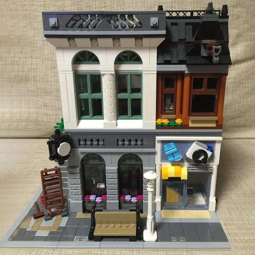 Creatoring Expert Brick Bank Cafe Corner Model MOC Street View House Building Blocks Toys Pet Book Shop Town Hall Downtown Diner