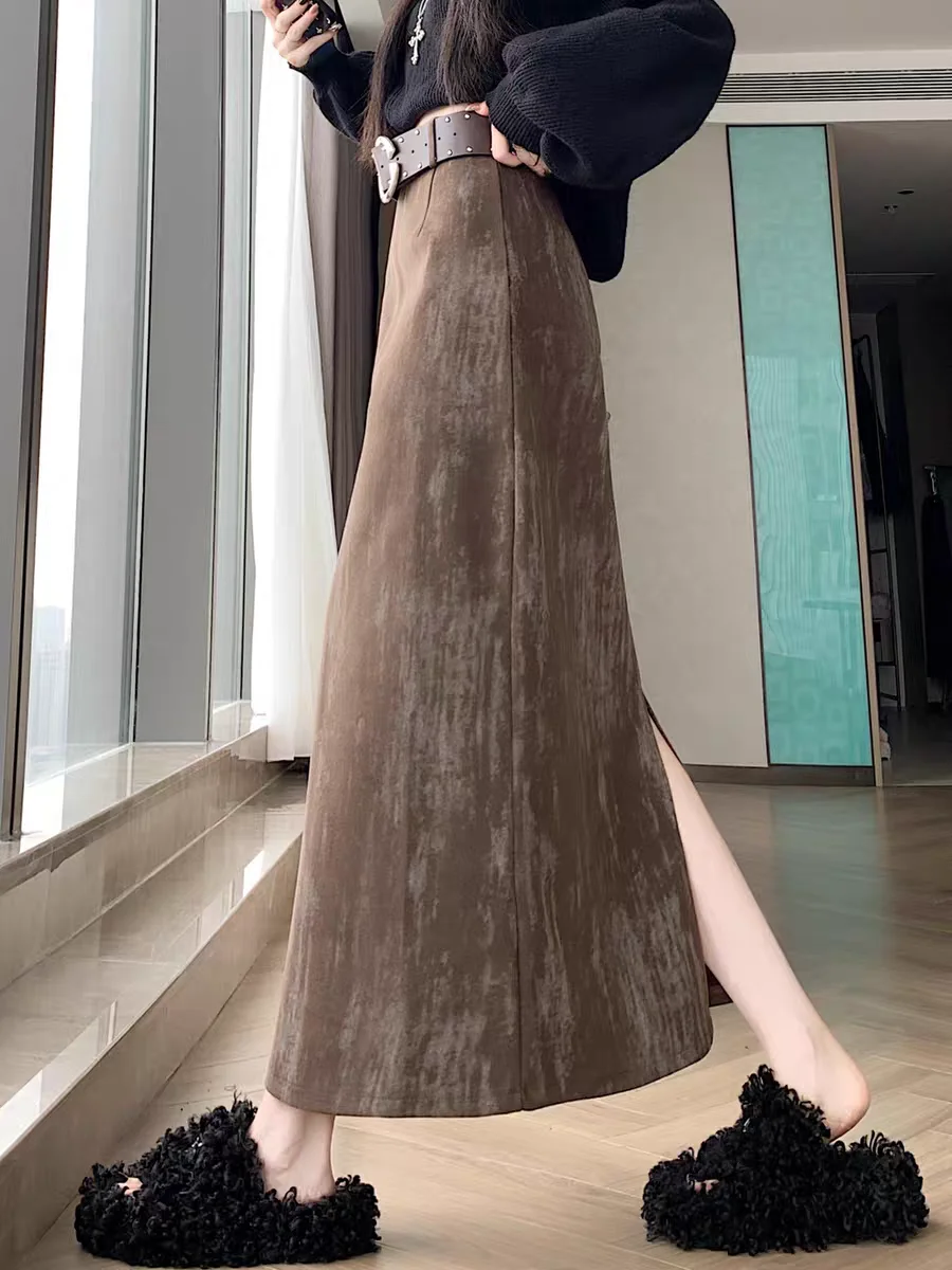 Gonna tubino in velluto tie-dye con gonne midi a trapezio a vita alta con spacco alto per donna, elegante gonna aderente autunno inverno