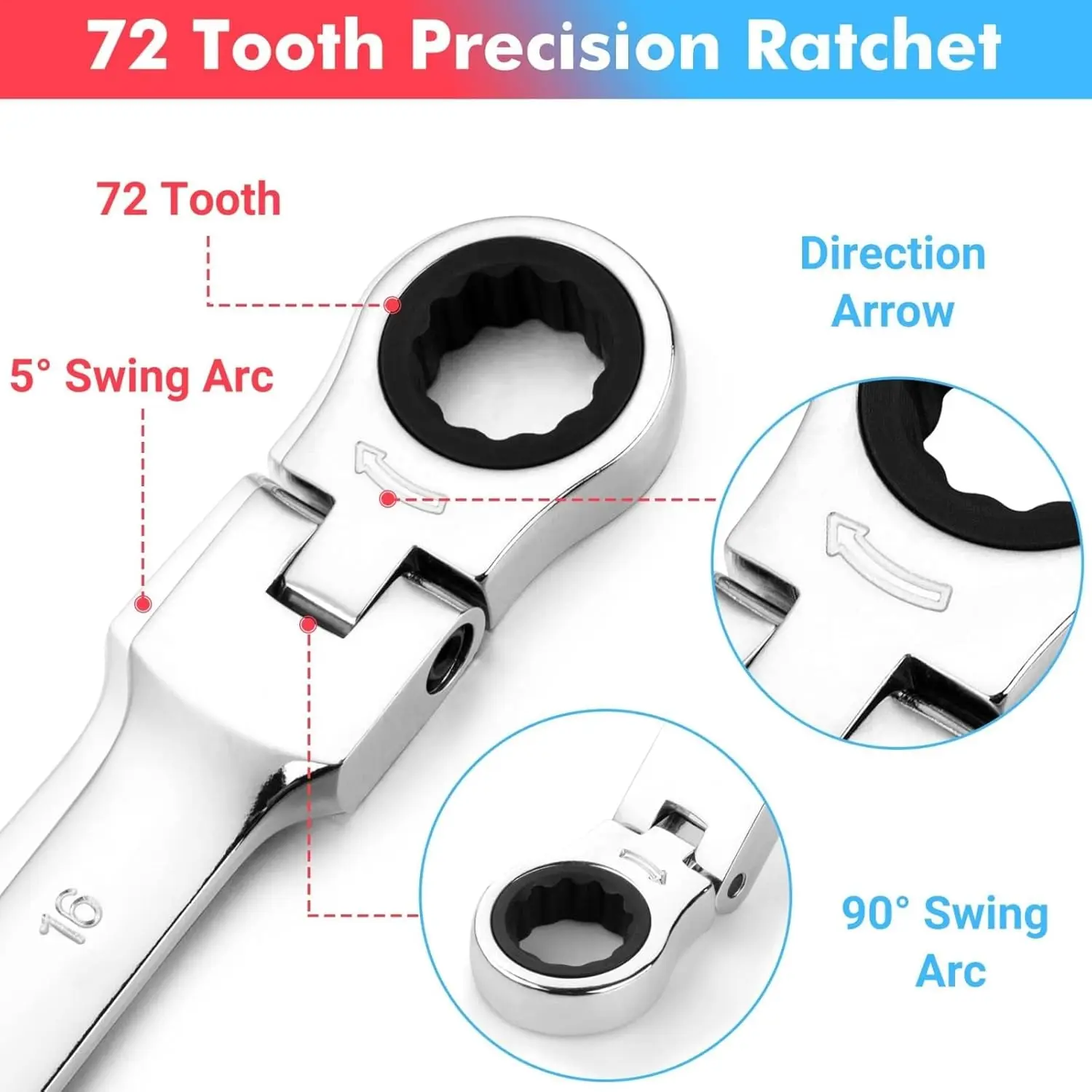 14-teiliges Ratschenschlüssel-Set, metrischer Flexkopf, Ring-Maulschlüssel-Set, SAE 5/16 Zoll, 11/16 Zoll und metrisch, 8–16 mm, 72 Zähne, mit Beutel