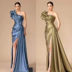 Customized  Satin Draped Pleat Sequined Clubbing A-line One-shoulder Bespoke Occasion Gown Long Dresses Sexy Casual