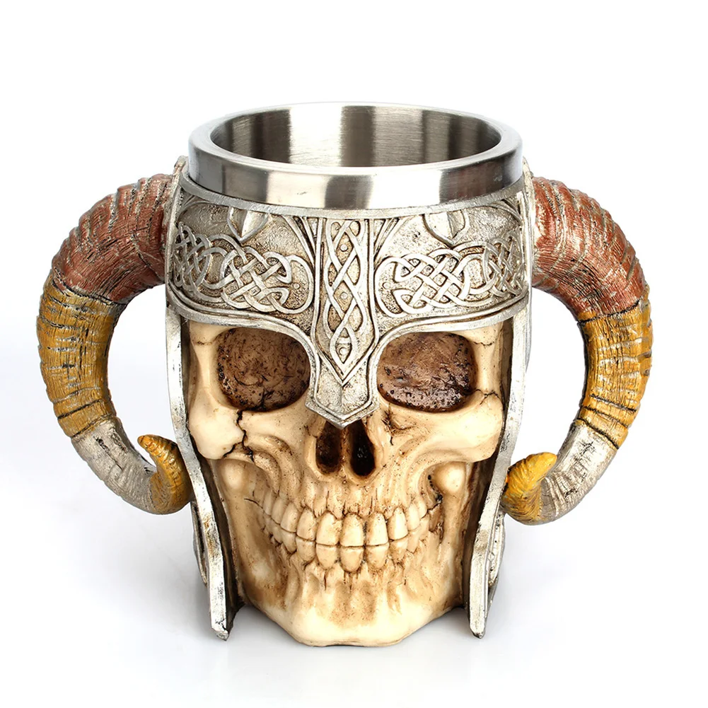 600ml Viking Skull Mug Stainless Steel Coffee Cup Skeleton Resin Beer Stein Tankard Drinking Tea Mugs Halloween Mug Decoration