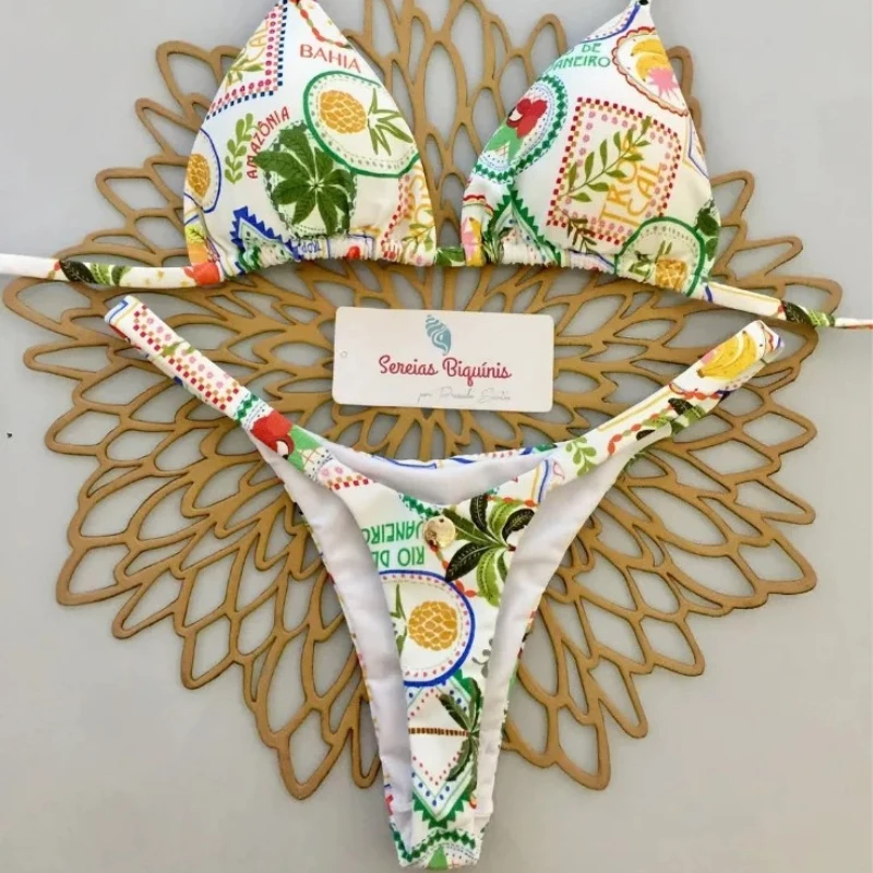 Print Sexy Bikini Sets Halter Lace-up Tops Thongs Beach Style Bathing Suit Y2k Swimsuits Women Beachwear Купальник Женский - Image 3