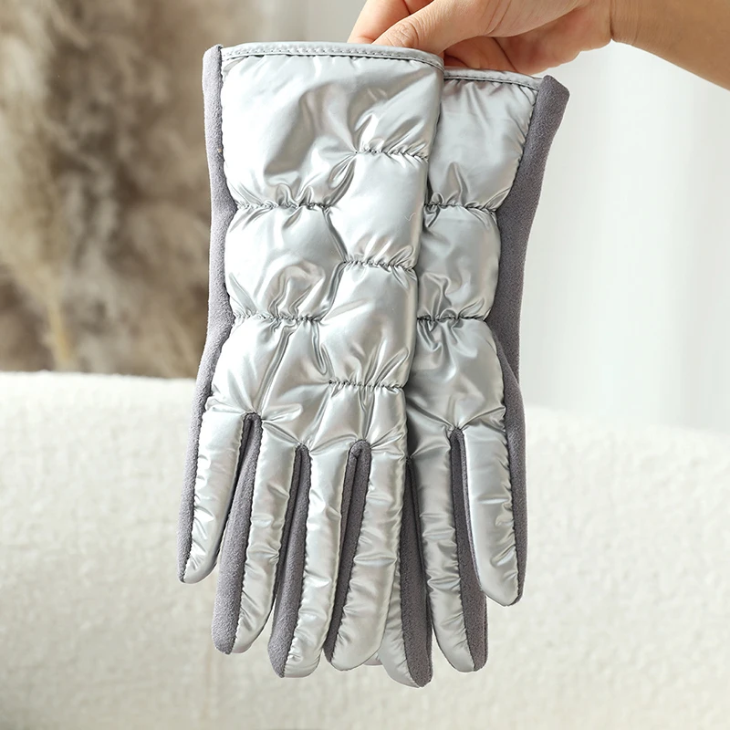 Fashion Down Cloth Suede Splicing Thicken Winter Keep Warm Women Gloves Outdoor Drive Cycling Elegant Coldproof Touch Screen