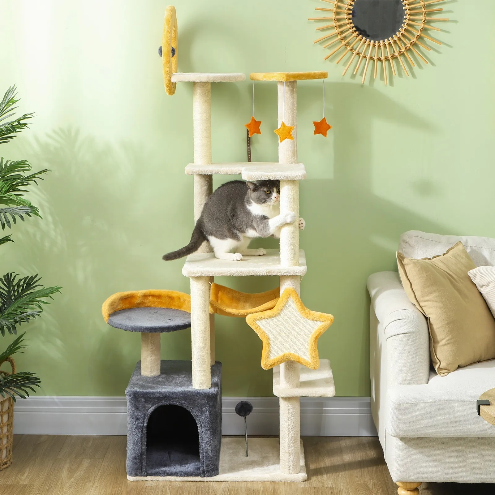 

Cat Tree, 63 Inch Moon and Star Themed Cat Tower, Beige