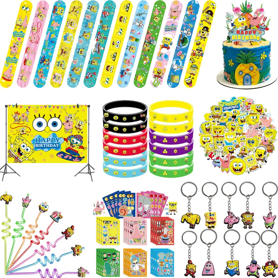

SpongeBob SquarePants Christmas Party Favors Slap Bracelets Keychains Balloon Stickers Children's Birthday Souvenirs Decorations