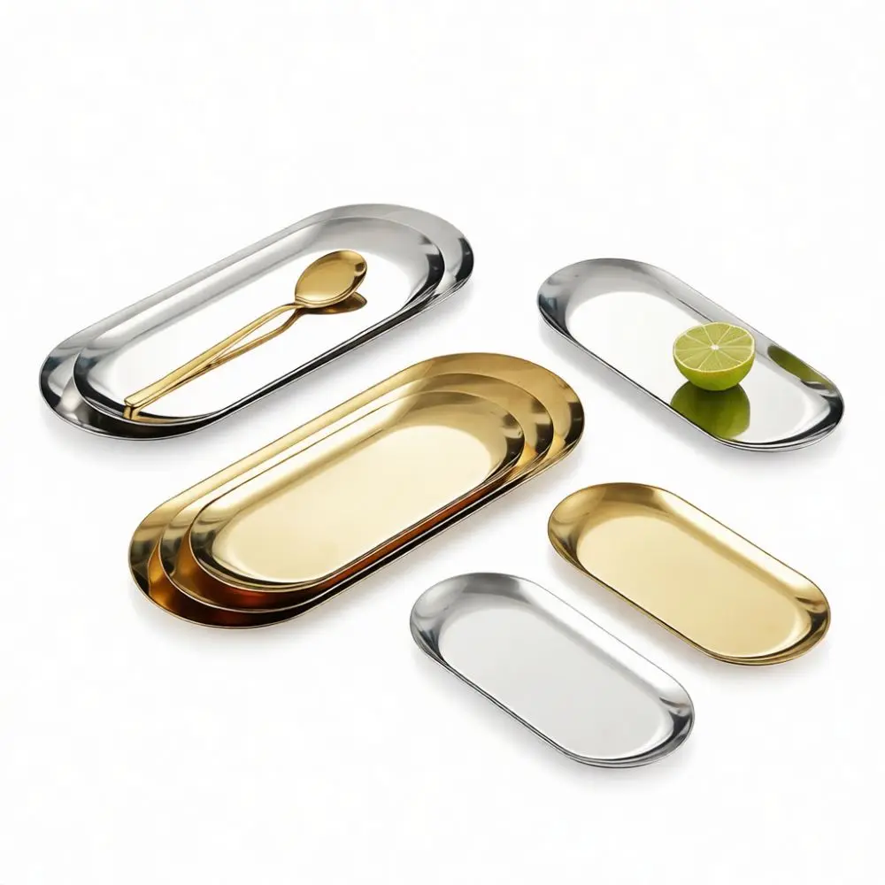 Elegant Gold Oval Tray Stainless Steel Serving Plate Food Dish Decorative Metal Plate For Coffee Tea Shop Restaurant Table