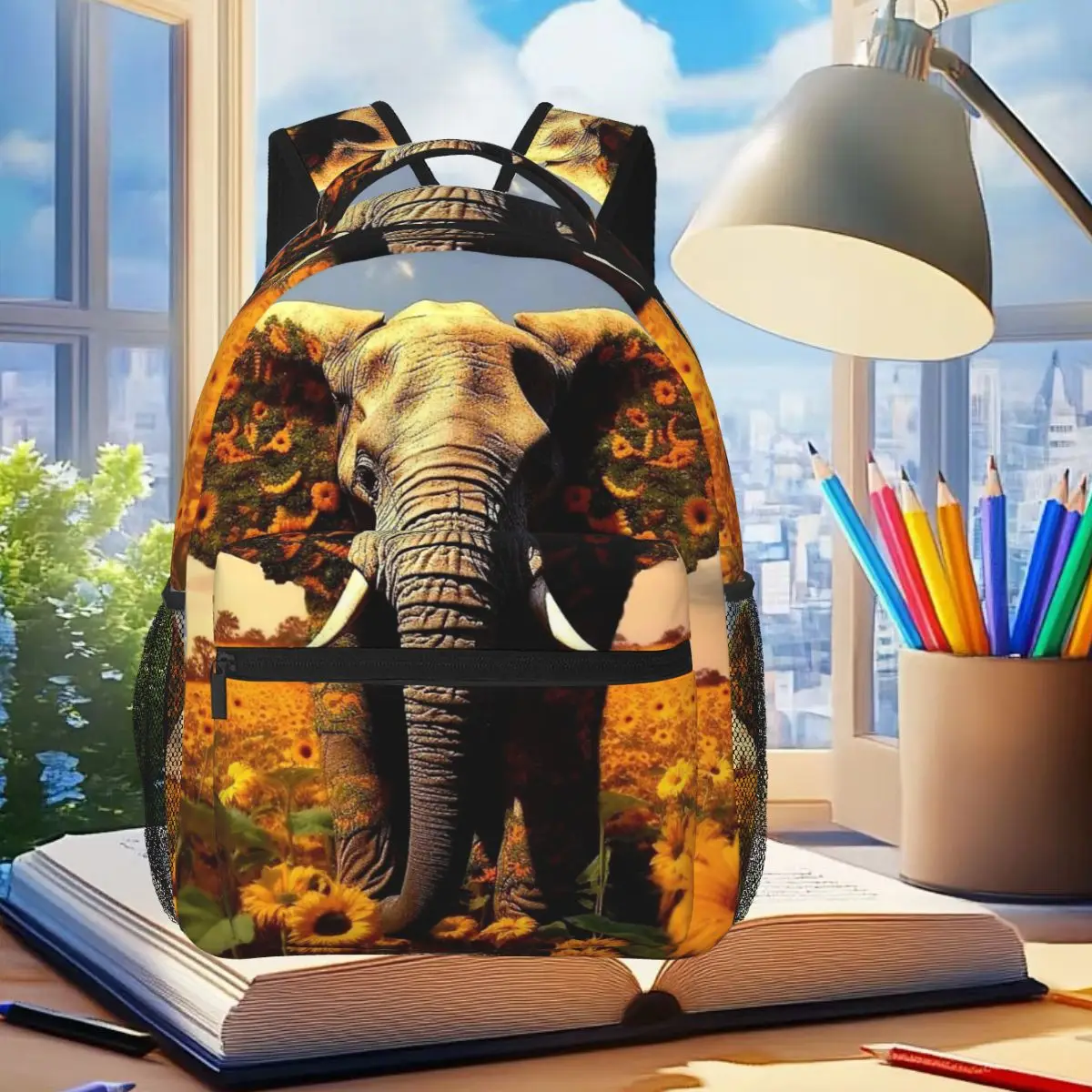 

Cartoon Elephant And Sunflower Backpack Student Boys Girls BookBag Children School Bag Laptop Shoulder Bags for Men Women