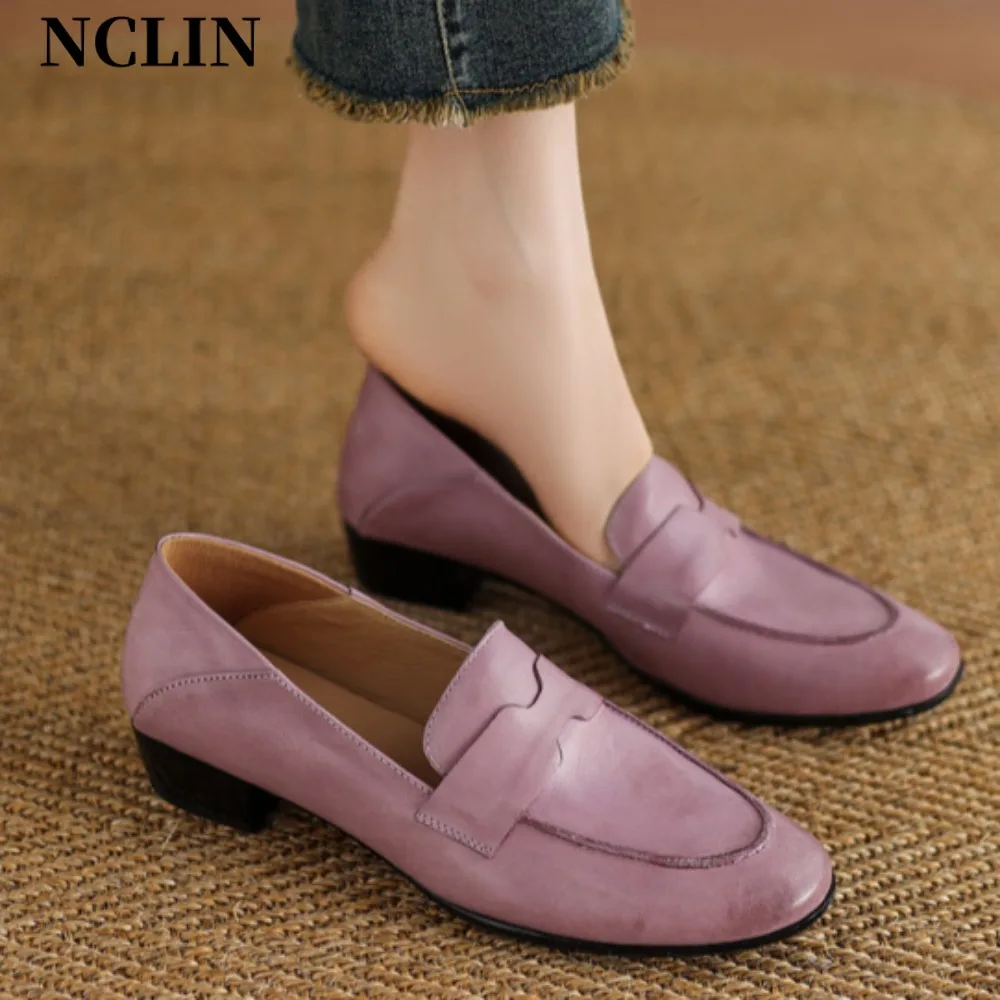 

2025 New Genuine Leather Flats Shoes Women Loafers Trend Vintage Low Heel Loafers Women's Casual British Style Flat Single Shoes