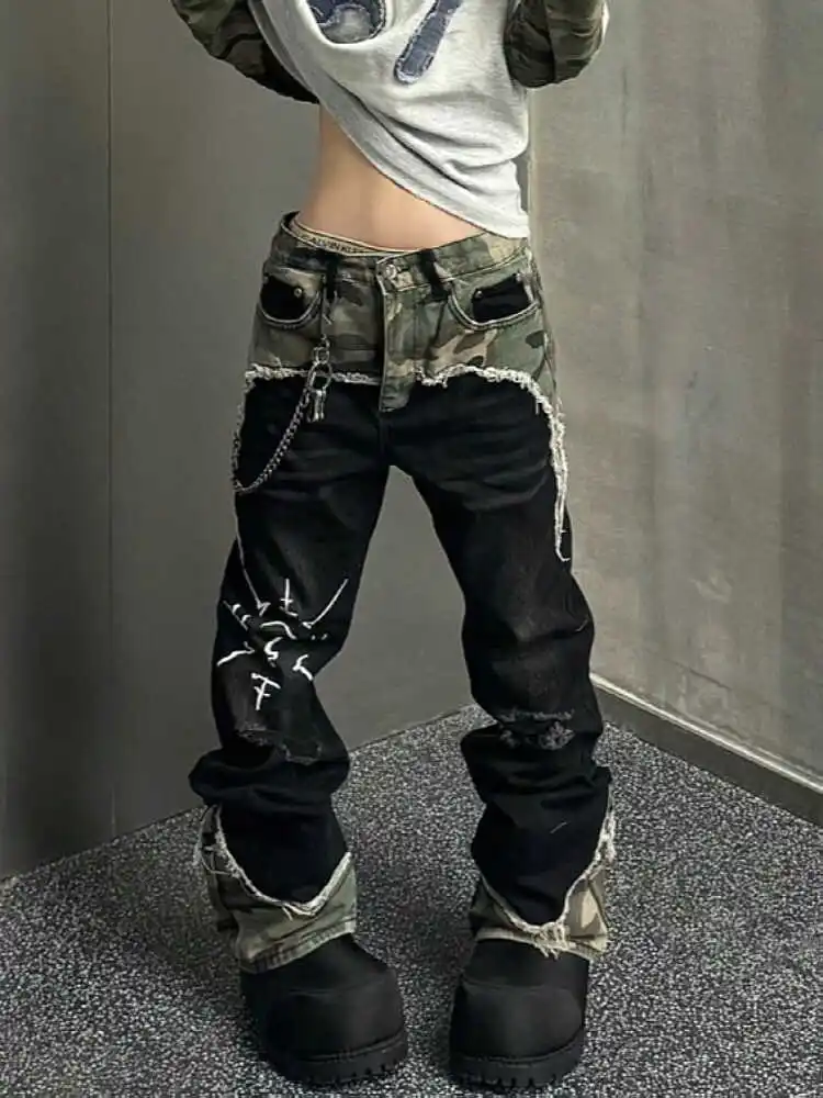 

Men Women Straight Loose Slim Pants High Street Hip-hop Classic Camouflage Surround Splicing High-end Retro Print Jeans