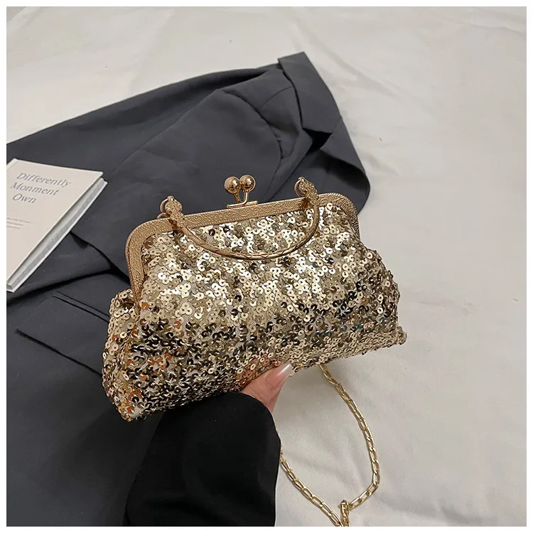 Trendy Shining Gold Silver Pink Sequin Ladies Dinner Evening Bags Metal Chain Shoulder Bag Crossbody For Women Prom Party Clutch
