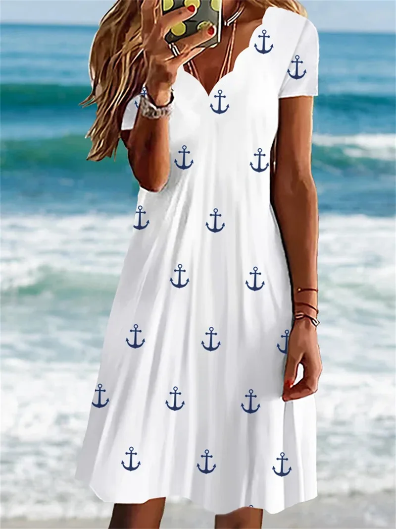 Fashion Fresh Style Summer A-Line Casual Small Boat Medium Stretch Dress Sexy Wave V-Neck Short Sleeve Anchor Print Floral Dress
