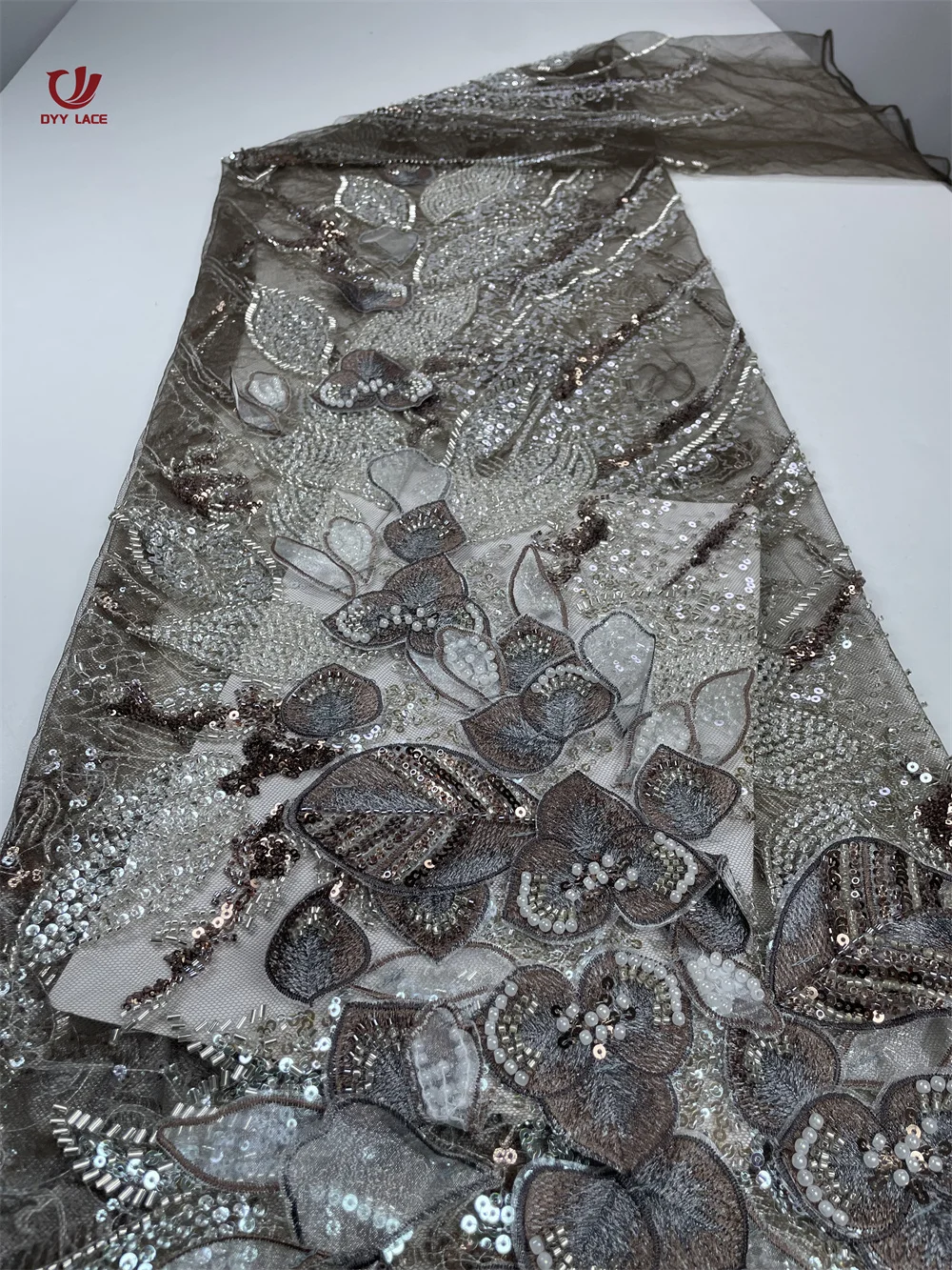 

African Lace Fabric 2026 High Quality French Flower Peach Sequins Embroidery Beads Tulle Lace Fabric For Party Dress