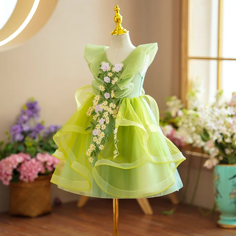 2024 luxury Girls V-neck green Flower Fairy Children Princess tutu Wedding Gown Kids Dresses baby infant Birthday Party Dress