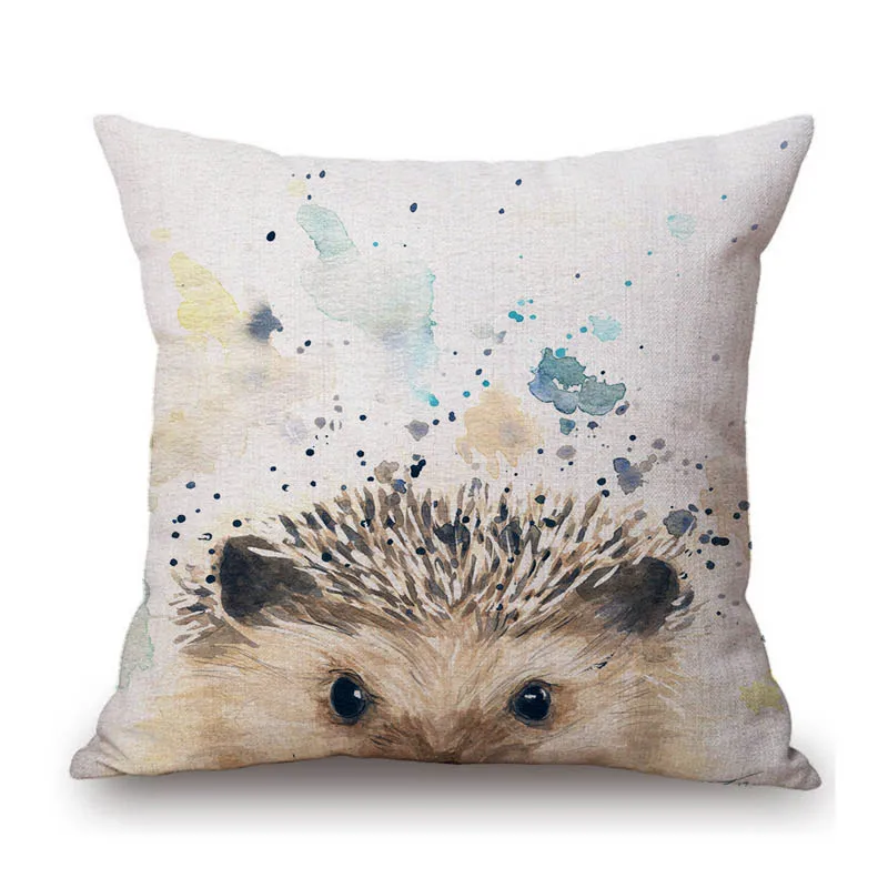 Cute Animal Art Home Decorative Throw Pillow Lovely Watercolor Splash Art Panda Fox Hedgehog Baby Room Cotton Linen Sofa Cushion