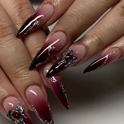 24 Pcs Long False Nails Black Red Gradient Self-adhesive Acrylic Press on Nails Stiletto 3d Metal Decoration Stick on Nails Set