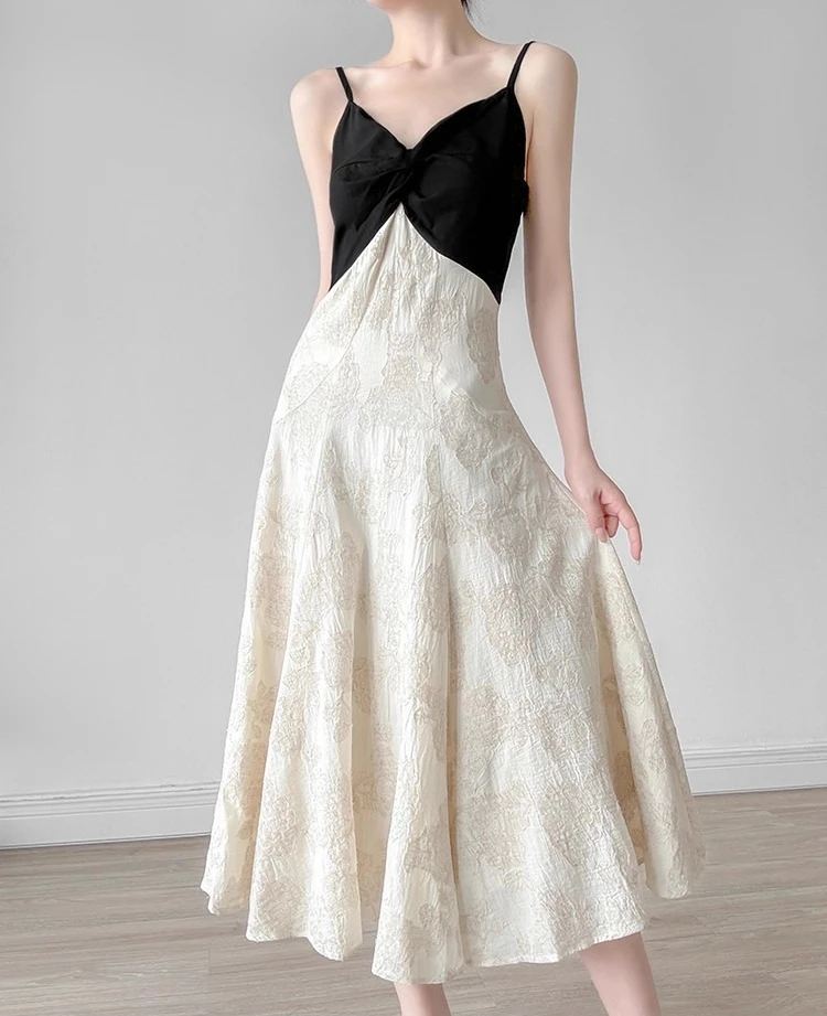 

Apricot Jacquard Flora Dress Women V-neck Patch Sleeveless Elegant Vestidos Bodycon High Waisted Strapped Cloth Lady