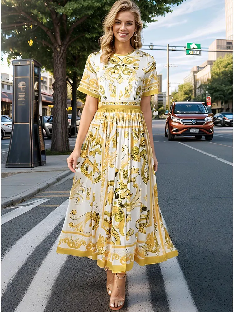 

Women's Vintage Poplin Dress, O-Neck, Short Sleeve, Yellow Porcelain Printing, Party, Holiday, Midi, Sliming Expansion, Summer