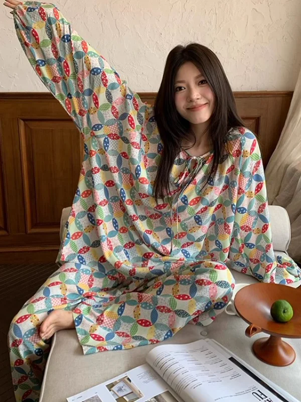 

Trendy Sweet Color Block Print Sleepwear Women's Spring Autumn Long Sleeve Loose Home Clothes Set Suitable for Outdoor Wear