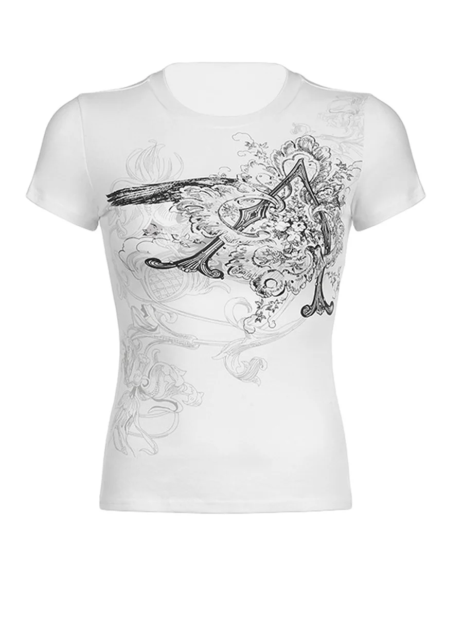 여성용 레트로 꽃무늬 블라우스, 반팔 라운드넥 핏 티, 빈티지 프린트 캐주얼 티셔츠, 에스테틱 탑 패션 웨어