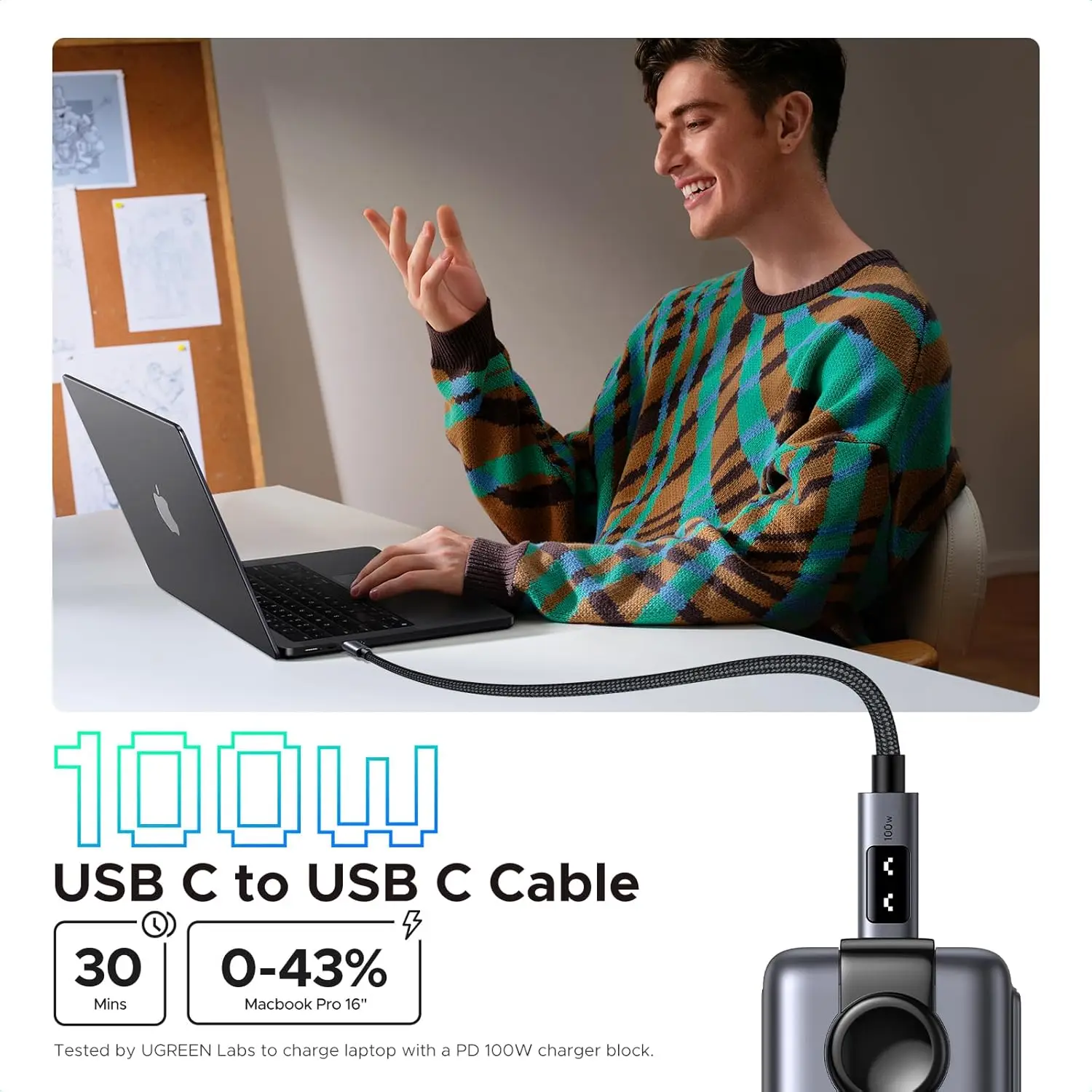 유그린 USB C to USB C 케이블 100W 고속 충전 케이블 타입 C 충전 코드 LED 디스플레이 포함 아이폰 16용