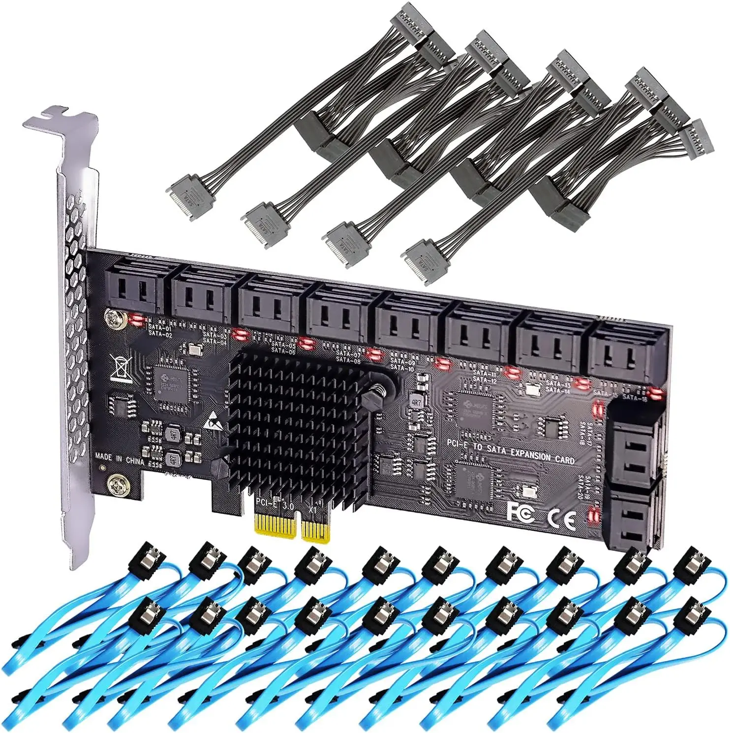 

20-Port PCIe SATA Card, Including SATA Cables and 1:5 SATA Splitter Power Cable, Compatible