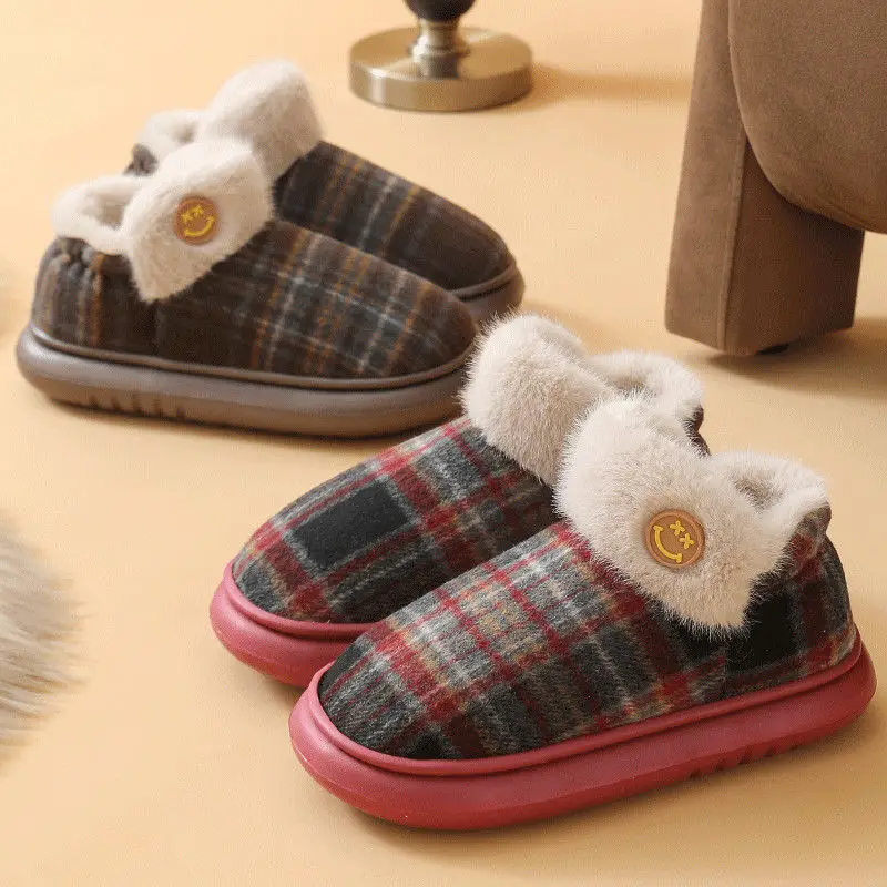 

Couples Home Fuzzy Plaid Cotton Closed-Heel Slippers Women Winter Indoor Warm Thick Sole Slip Resistant Minimalist Slippers