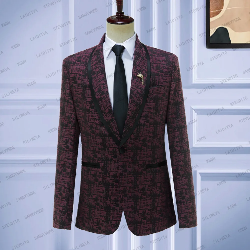 

2023 New Wine And Red Black Jacquard High Quality Perfect Men Suits Casual Wedding Italian Design Custom Made Jacket Blazer Coat