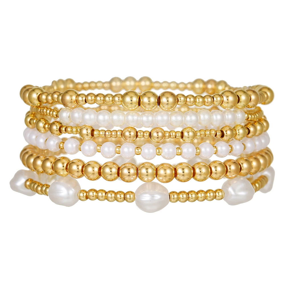 

Vintage Elegant Gold Color Beaded Bracelets Set For Women Fashion Baroque Pearl Stretch Stacking Bracelet Vacation Jewelry