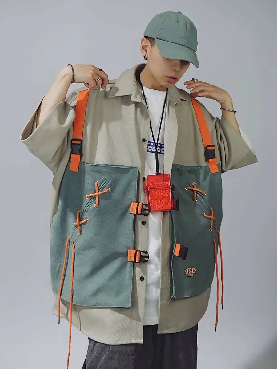 Unsiex Cargo Shirts 2026 Summer New Cargo Short Sleeve Shirt Men Hip Hop Loose Fake Two Piece Vest