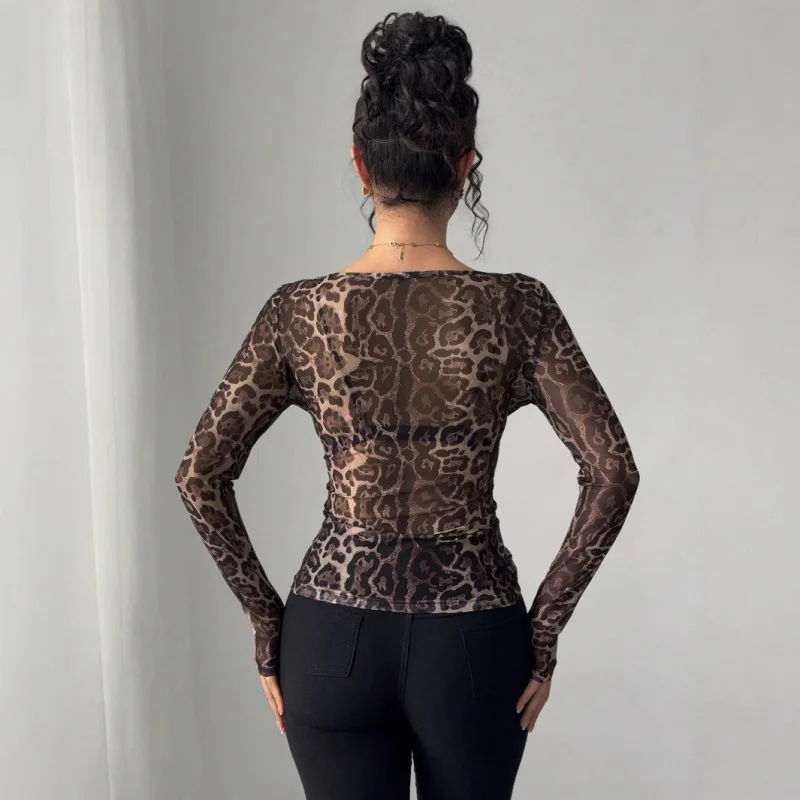 Independent Station2025Autumn New Women's Fashion Transparent Leopard Print Mesh Round Neck Long Sleeve Slim FitTShirt