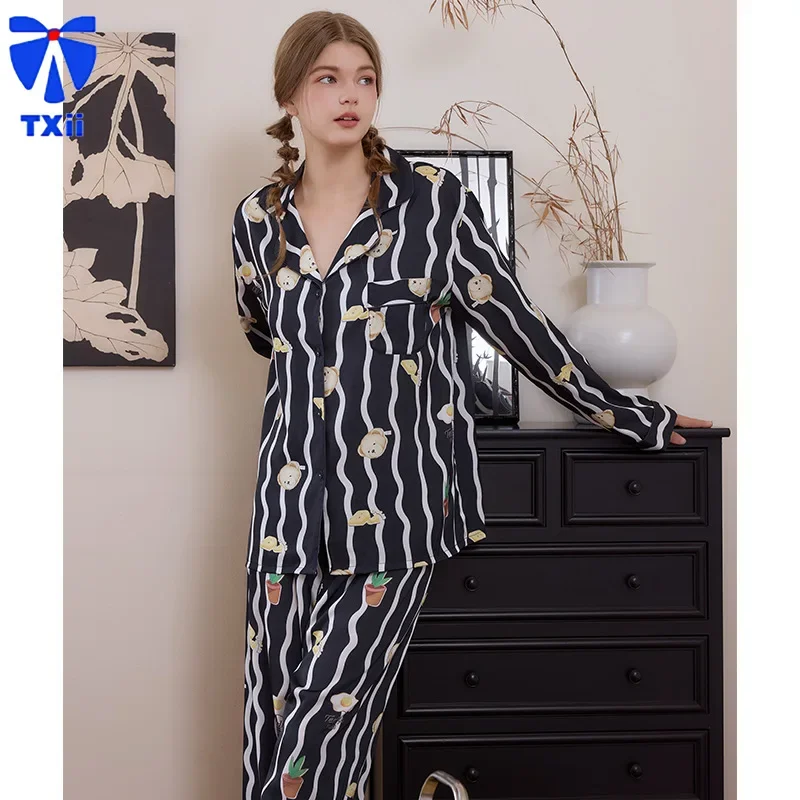 TXii College style Teddy Bear Collar Ice Silk Pajamas Women's Home Clothes Light Luxury Simulated Silk Can be worn externally