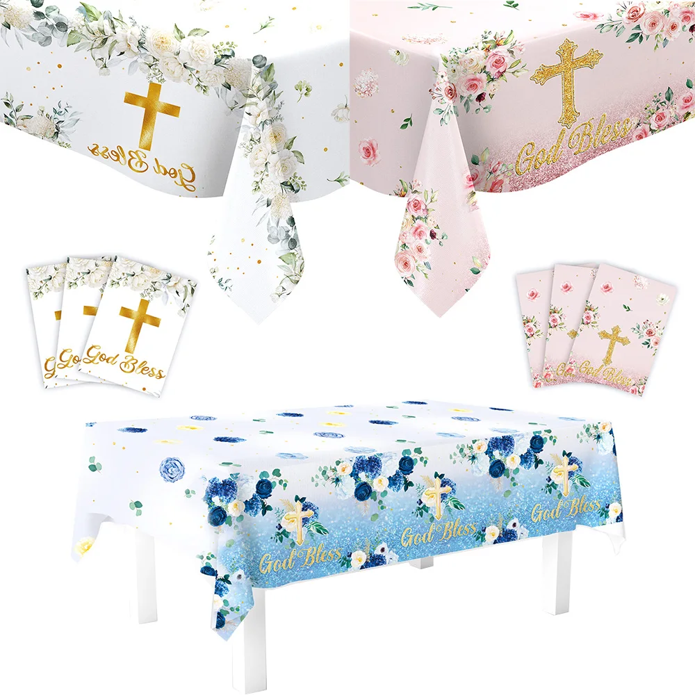 1/3Pcs Taufe Erstkommunion Tischdecke Kreuz Design Gott segne Baby Dusche Kinder Geburtstag Party Supplies – Detail 1