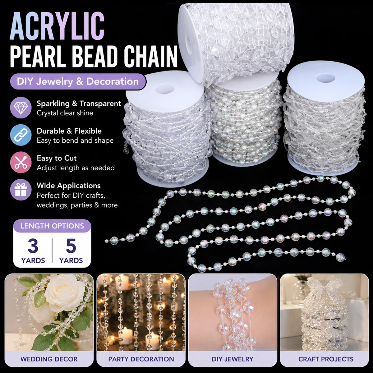 Acrylic Crystal Bead Chain Garland Roll Sparkling Faux Pearl Ball String for Wedding Decor DIY Jewelry Curtain Craft Making 3-5Y