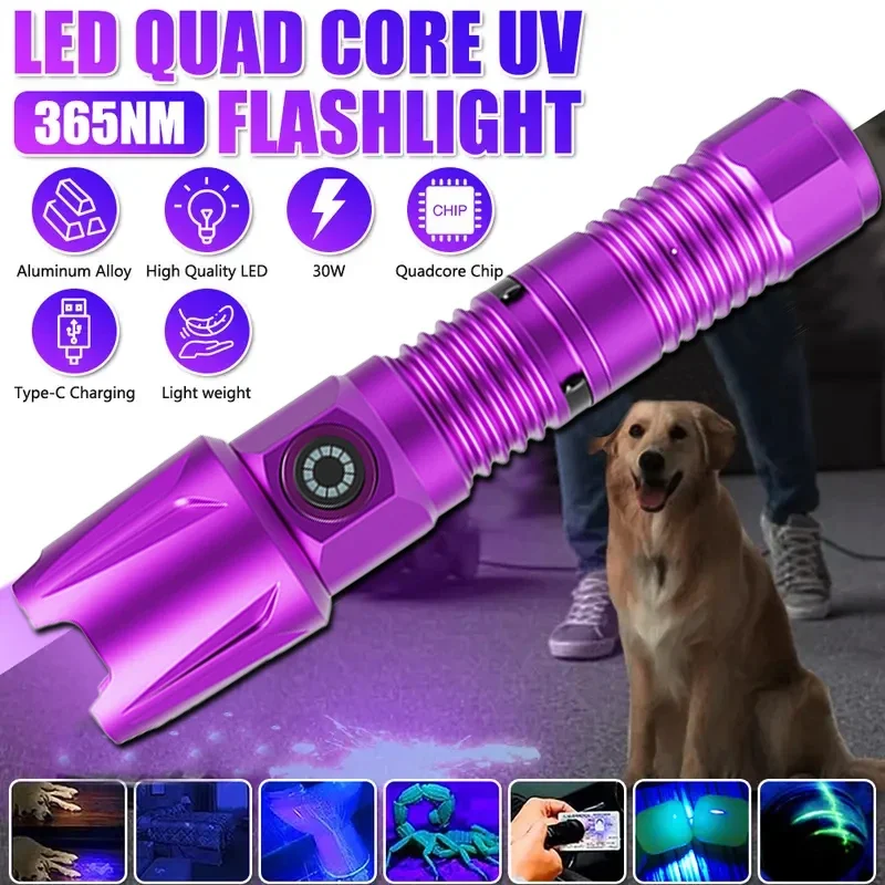 Zoom 365nm UV Flashlight USB Rechargeable Ultraviolet Nail lamp Torch Cat Dog Pets Urine tinea Marker Money Ore Detection Light