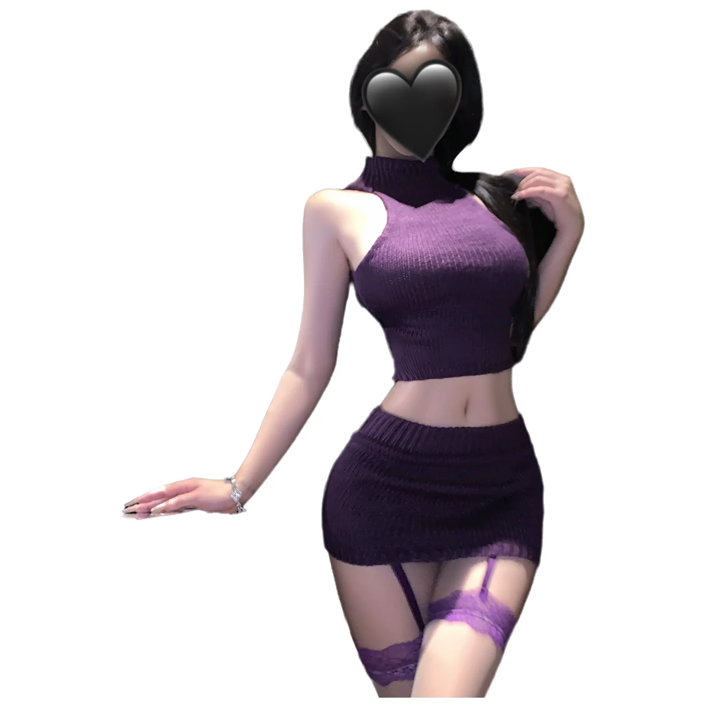 

Sexy Pure Royal Purple Hollow Sweater High Neck Sexy Bodycon Mini Dress Elegant Off-the-shoulder For Woman Dress Charming WHCH