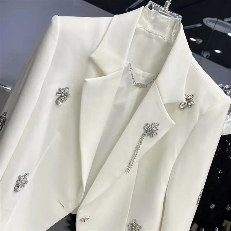 Traje de manga larga para mujer, abrigo corto con diseño Sense, industria pesada, cuentas tachonadas de diamantes, hombros anchos, traje Irregular, primavera