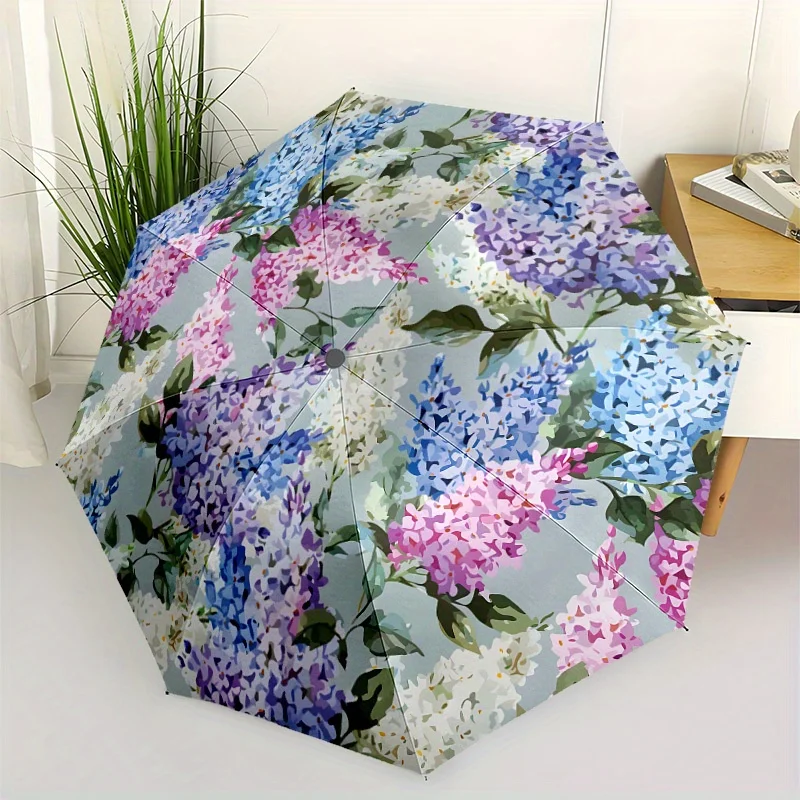 

Автоматический складной зонт Love Spring - компактный портативный дизайн с 8 ребрами, цветочный узор с синей гортензией и розовыми цветами, Lig