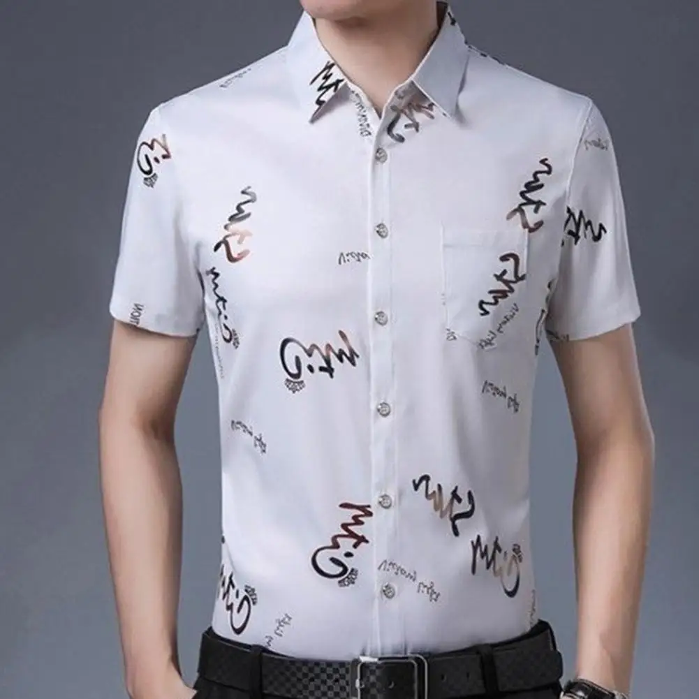 

Letter Print Anti-Wrinkle Men's Shirts Summer Lapel Collar Short Sleeve Dress Shirt Slim Fit Social Business Blouse Casual Shirt