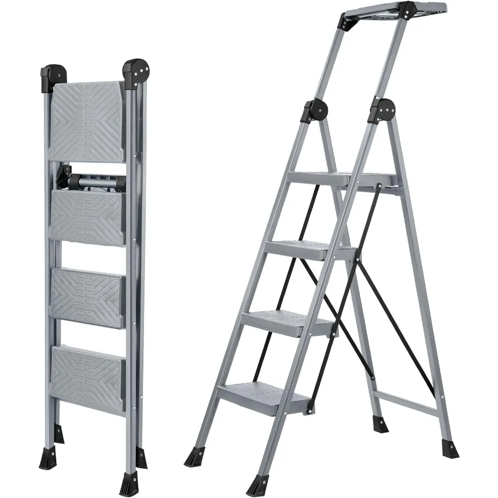 

4 Step Ladder, Foldable Step Stool Ladder with Handrails & Tray, 660 lbs Heavy Duty Wide Pedals, Sturdy Steel Folding Ladder fo