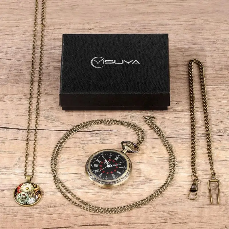 4pcs/set Fashion No Cover Design Chain Quartz Pocket Watch Necklace Gear Punk Jewelry Pendant Chain Watch Clock Gifts Sets Box