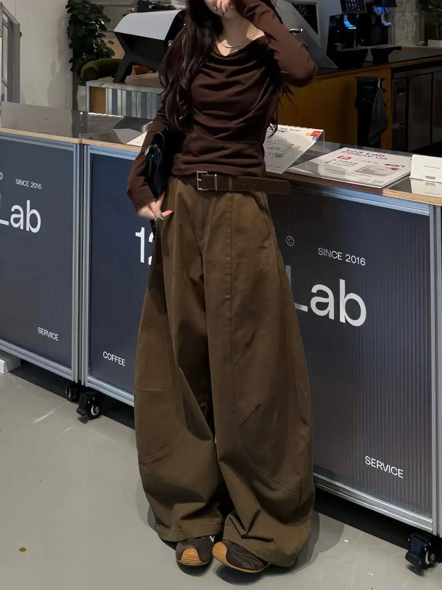 Retro American Coffee Color Wide Leg Knife  Jeans Women plus Size Loose High Waist Straight Workwear Pants Casual Denim