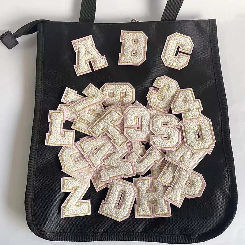 A~Z English Alphabet Letter,0~9 Numbers Badges White Chenille Applique Embroidery Iron On Patches,DIY Sewing For Clothing Badge