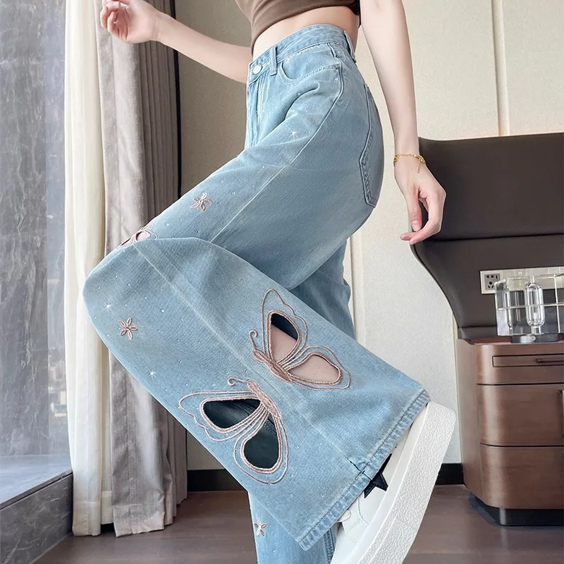 Women Butterfly Cutout Embroidery Wide Leg Jeans Rhinestone Floral Distressed Hollow Out Denim Pants Loose Flared Trousers