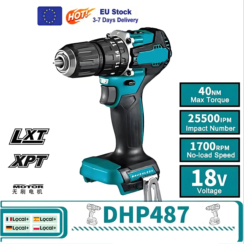 2026 für Makita Dhp487 18V Akku Bürstenloser Kabelloser Elektro-Bohrschrauber Elektrowerkzeug für Makita 18V Akku-System