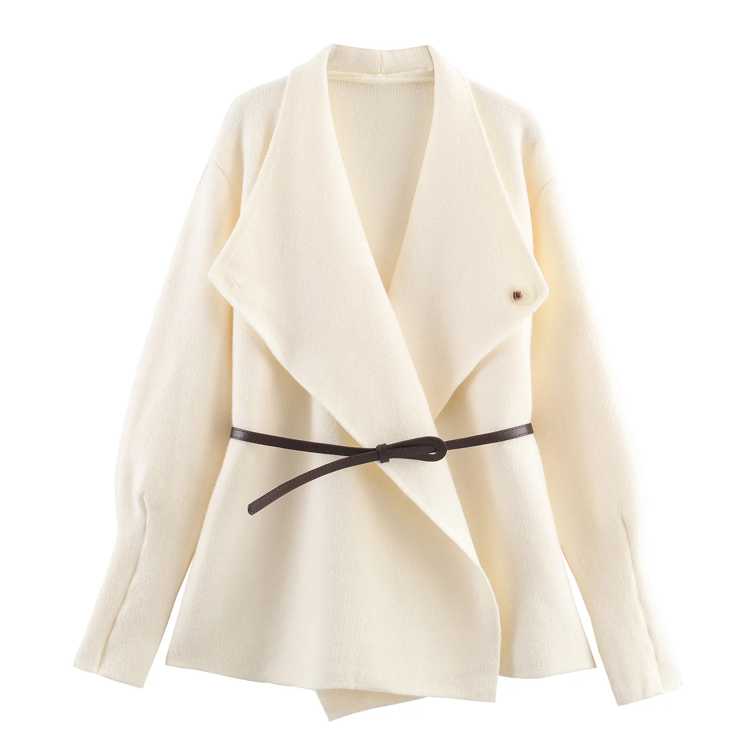 2025秋冬新作 シンプル無地 レディース ミディアム丈 ベルト付き ニットスーツ フレンチ風 大きめ襟 女性用 カジュアルコート