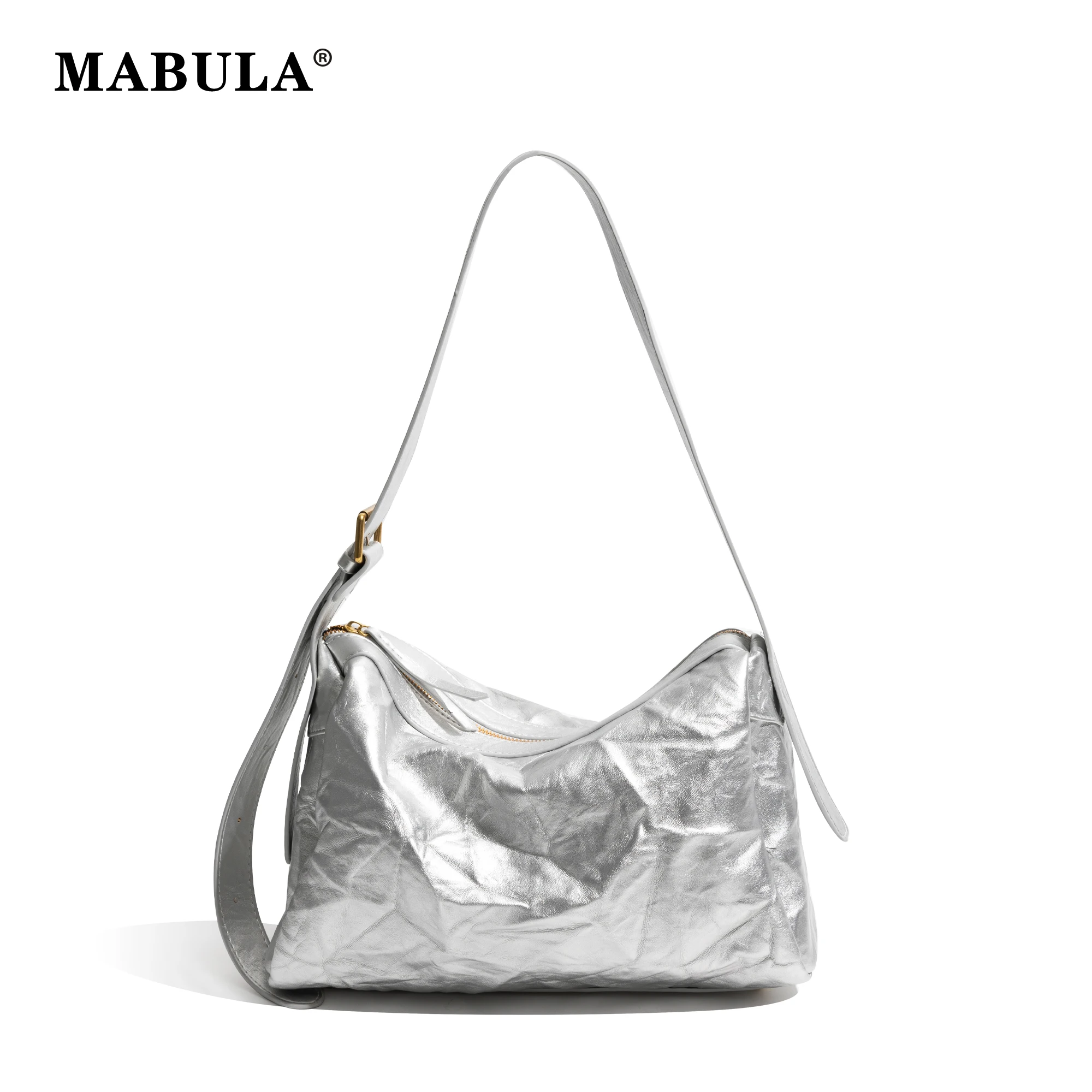 

MABULA PU Leather Fashion Woman's Crossbody Bag Silver Stylish Pleated Unique Shoudler Purse Solid Simple Female Tote Bag