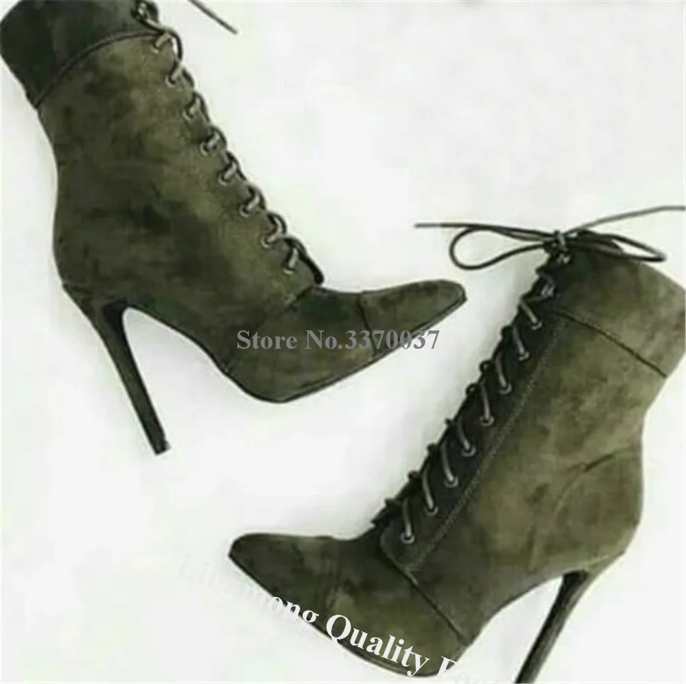 Linamong Army Green Suede Stiletto Heel Short Boots Elegant Pointed Toe Lace-up Thin Heel Ankle Booties Big Size Boots